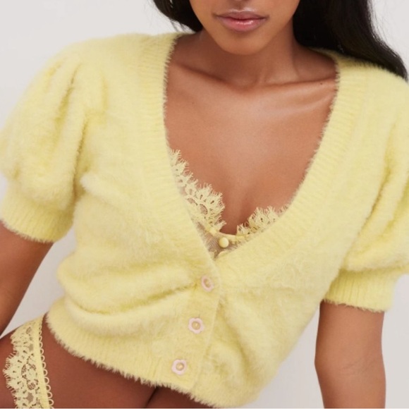 For Love & Lemons Cropped Cardigan Knit Yellow Cottagecore...